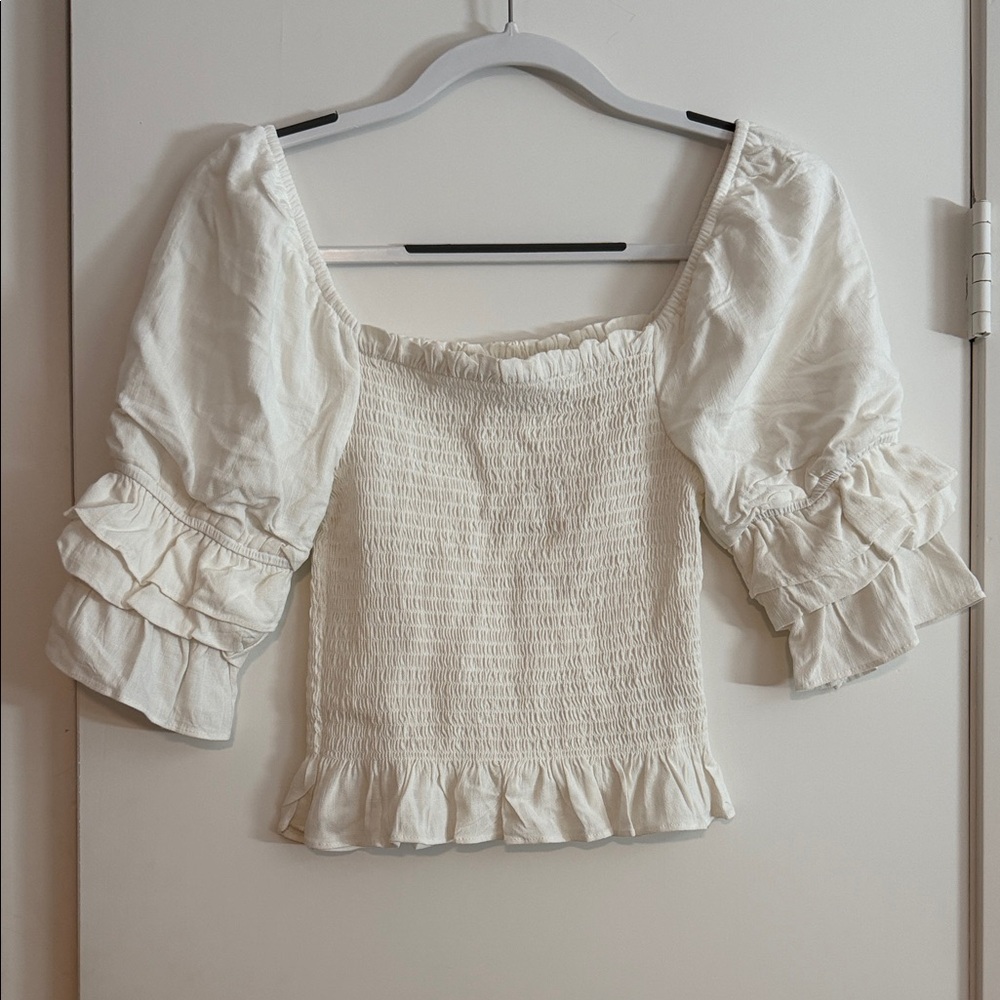 Altar'd State Cream Smocked Blouse with Ruffle Sleeves